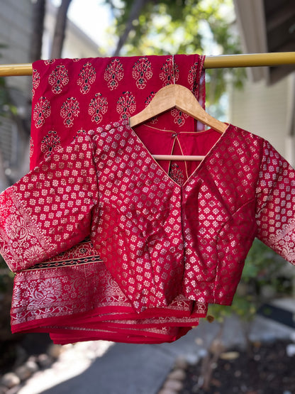 Ajrakh Saree in Red on Dola Silk with Floral Bunches Design