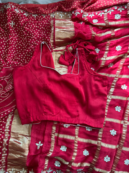 Bandhini Saree with Gotta Patti work and stitched blouse
