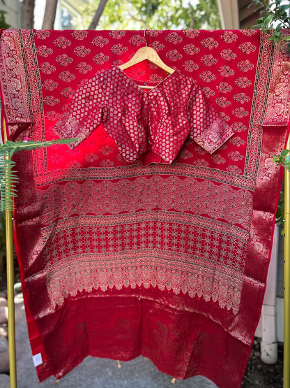 Ajrakh Saree in Red on Dola Silk with Floral Bunches Design