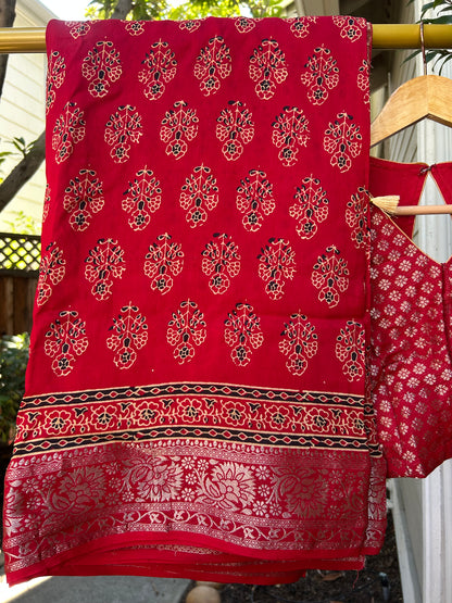 Ajrakh Saree in Red on Dola Silk with Floral Bunches Design
