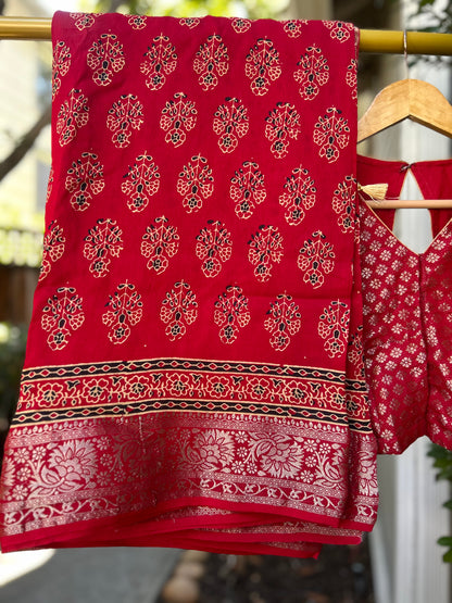 Ajrakh Saree in Red on Dola Silk with Floral Bunches Design