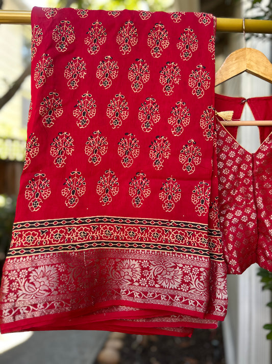 Ajrakh Saree in Red on Dola Silk with Floral Bunches Design