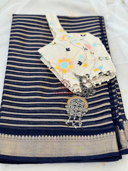 Kora Banarasi Saree - Navy