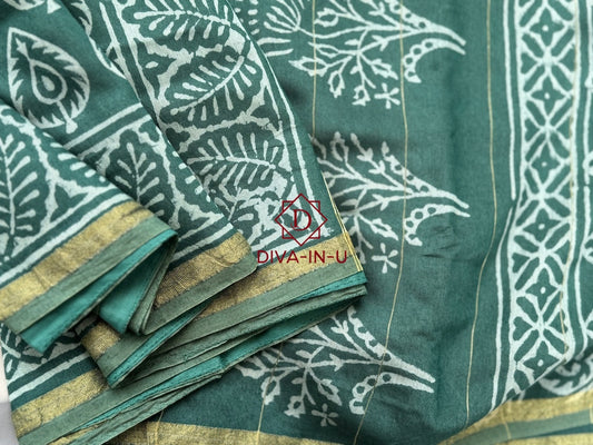 Myrtle Green Maheswari Handblock Print Saree