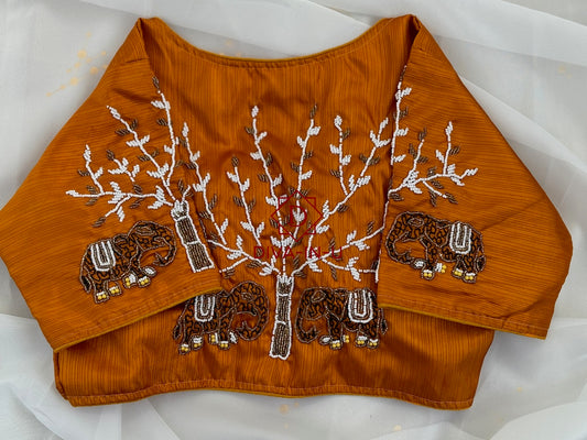 Burnt Orange Blouse with Beaded Elephants