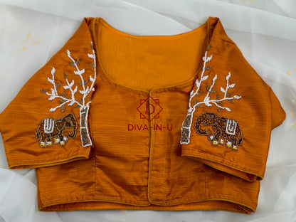 Burnt Orange Blouse with Beaded Elephants