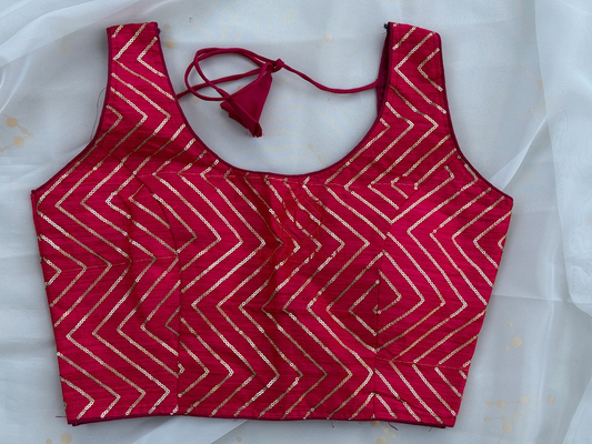 Pink sleeveless blouse with Zig Zag golden embroidery