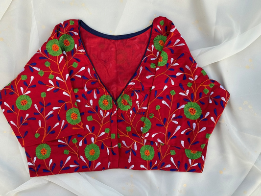 Red floral embroidery blouse