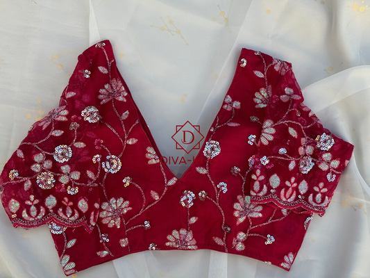 Deep Red Sequin Floral Embroidery Blouse