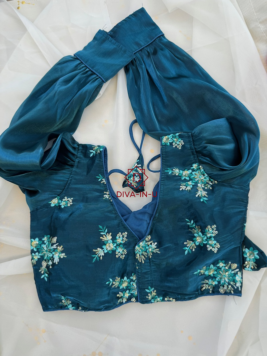 Jimmy Chu Designer Blouse with Puff Sleeves - Blue