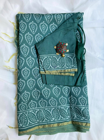 Myrtle Green Maheswari Handblock Print Saree