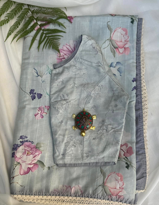Flowy Lenin Tusser Saree in Pastel Blue