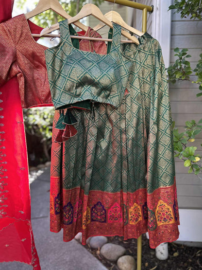 Parrot Green Lehanga with Red Dharmavaram Border and trendy Stitched blouses.