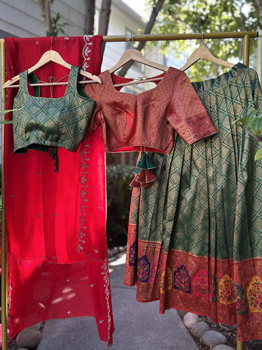 Parrot Green Lehanga with Red Dharmavaram Border and trendy Stitched blouses.