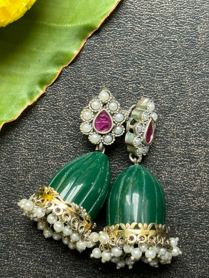 Green Stone Jhumkas with Pearls