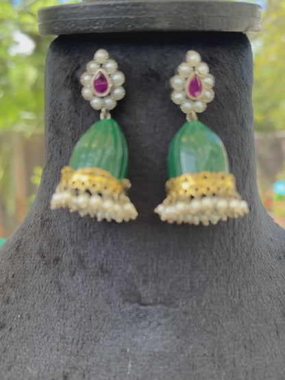 Green Stone Jhumkas with Pearls
