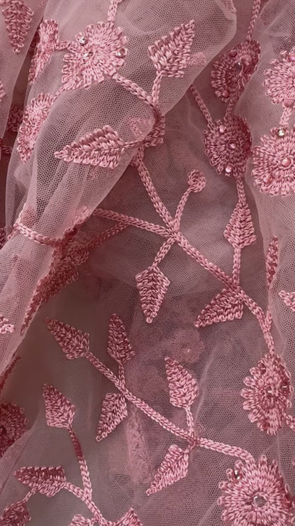 Dusty Pink Net Saree with floral blouse