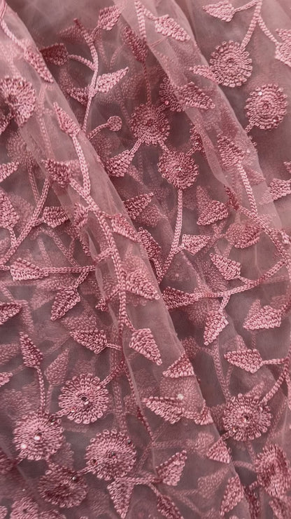 Dusty Pink Net Saree with floral blouse
