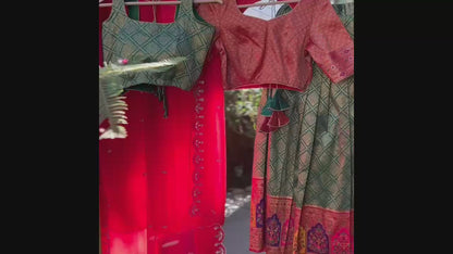 Parrot Green Lehanga with Red Dharmavaram Border and trendy Stitched blouses.