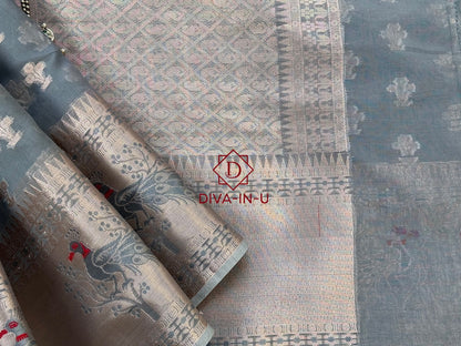 Grey Organza Semi Georgette Saree with Pretty Red Peacocks