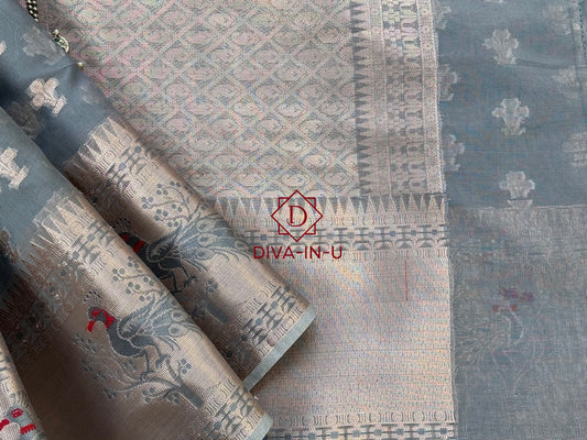Grey Organza Semi Georgette Saree with Pretty Red Peacocks