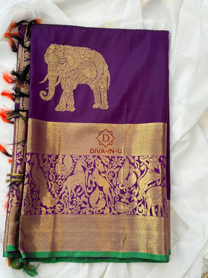 Pure Kanjeevaram in Deep Plum Color with Green border
