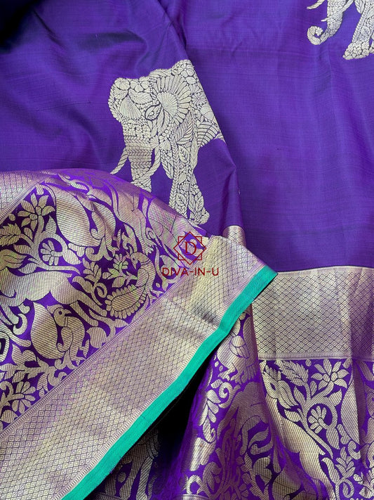 Pure Kanjeevaram in Deep Plum Color with Green border